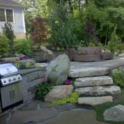 Outdoor Living space, fireplace, firepit, fountain, waterscape, waterfall