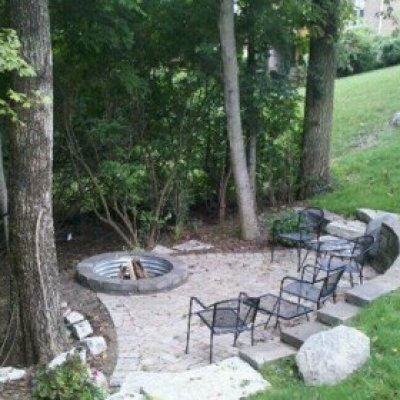 Outdoor Living space, fireplace, firepit, fountain, waterscape, waterfall