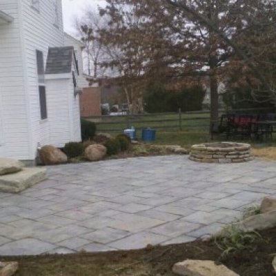 Blue Flagstone patio, Natural stone steps and fire pit