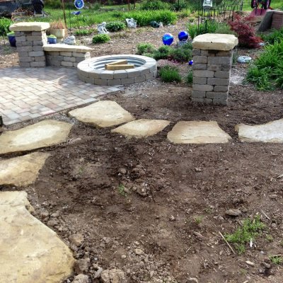 Pavor Patio Bedford Walls & Firepit Natrual Sandstone Walkway