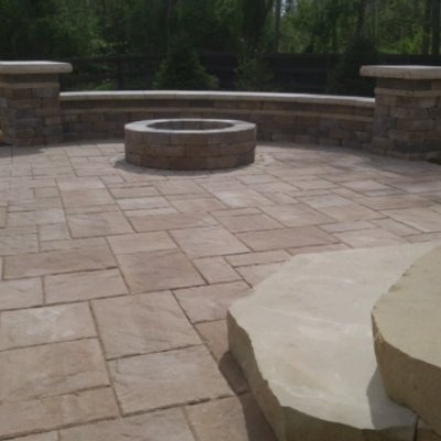 Stone Steps, Fire Pit, Paver Patio with Seat Wall