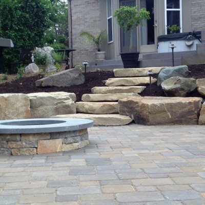 Concourse Pavor Patio Natrual Sandstone Steps Custom Firepit Pennsylvania Blue Caps